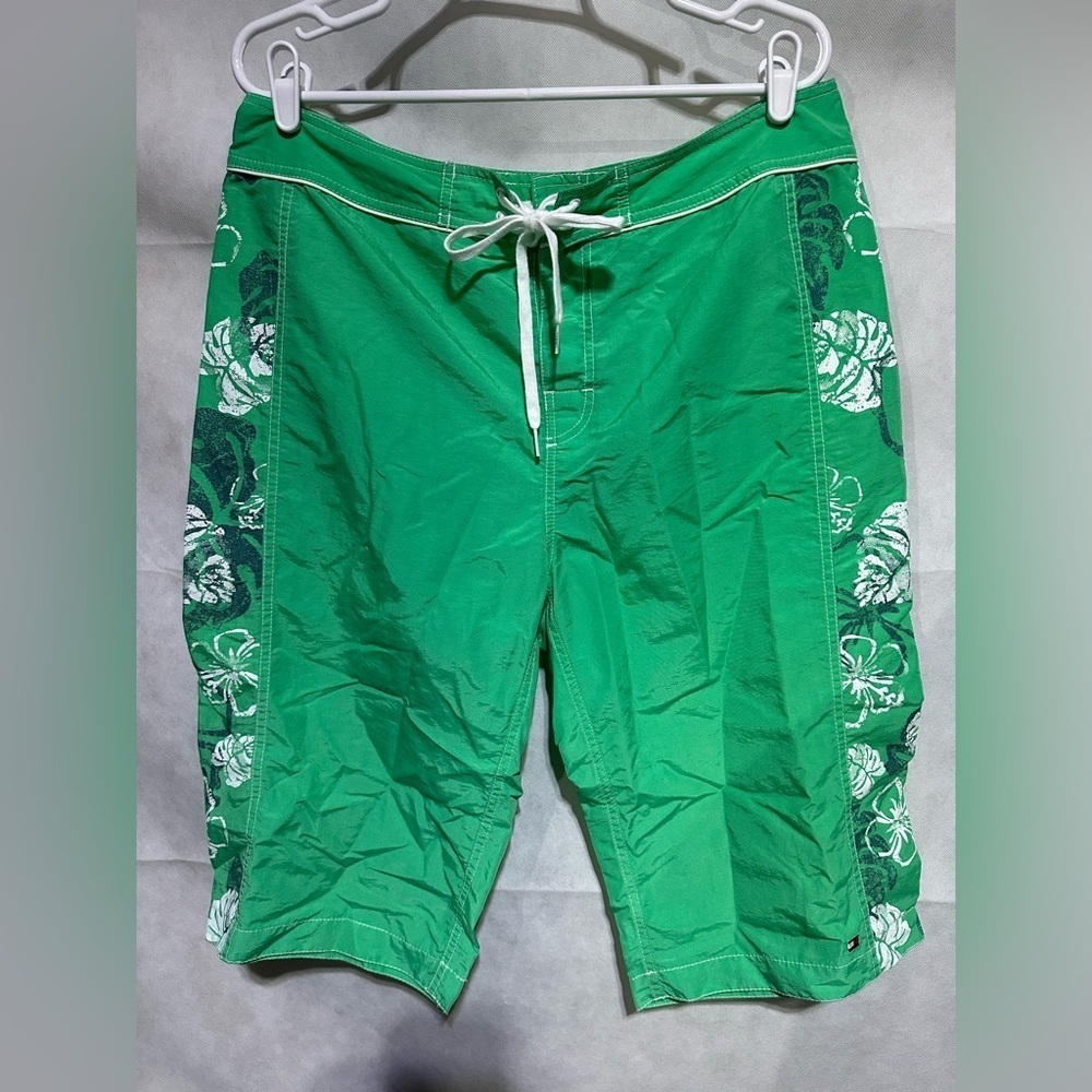 VINTAGE Tommy Hilfiger Board Shorts Mens 36 Green Tropical Baggy Swim Trunks Y2K